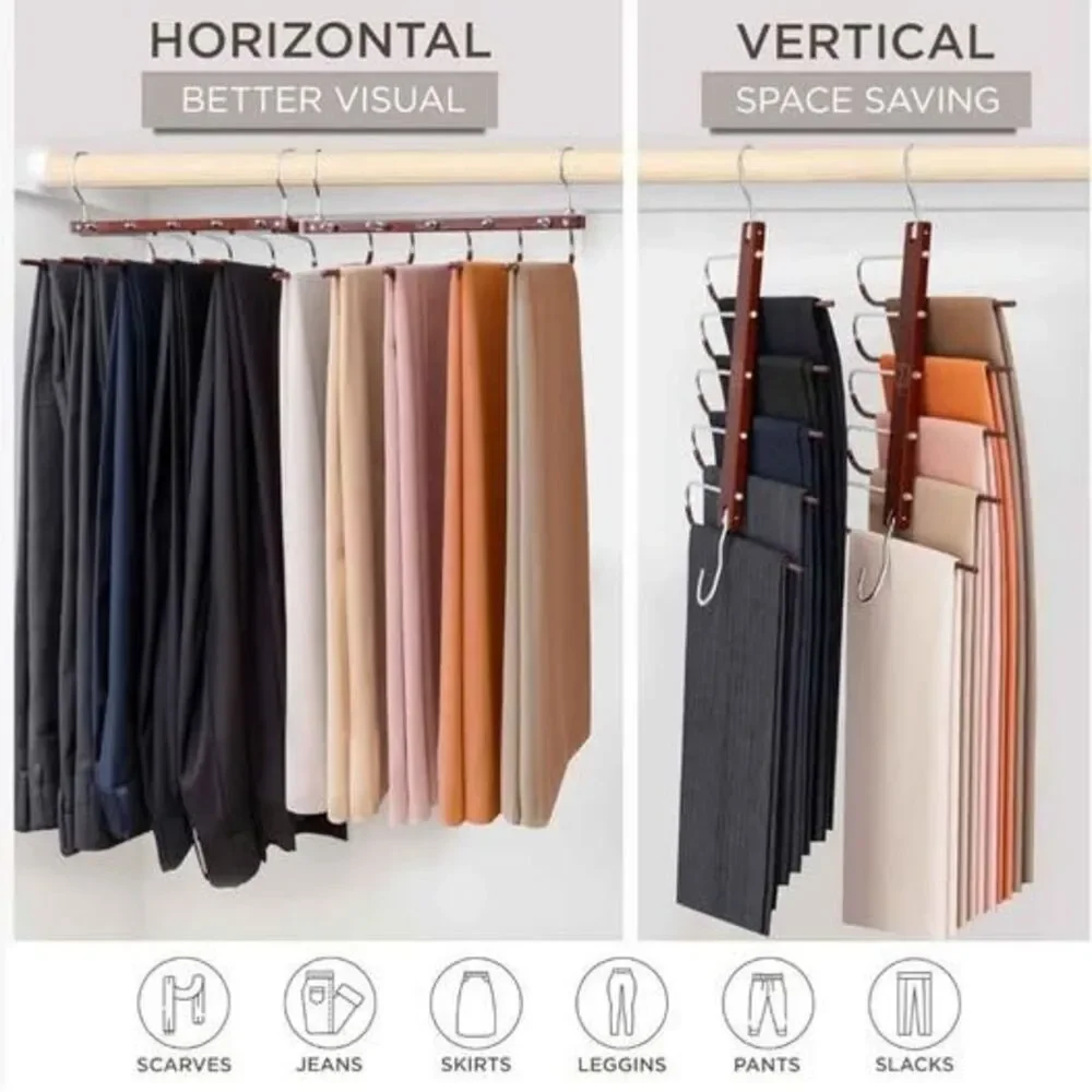 MORALVE Space Saving Pant Hanger for Clothes Organizer. Pack of 2, Mahogany -NEW